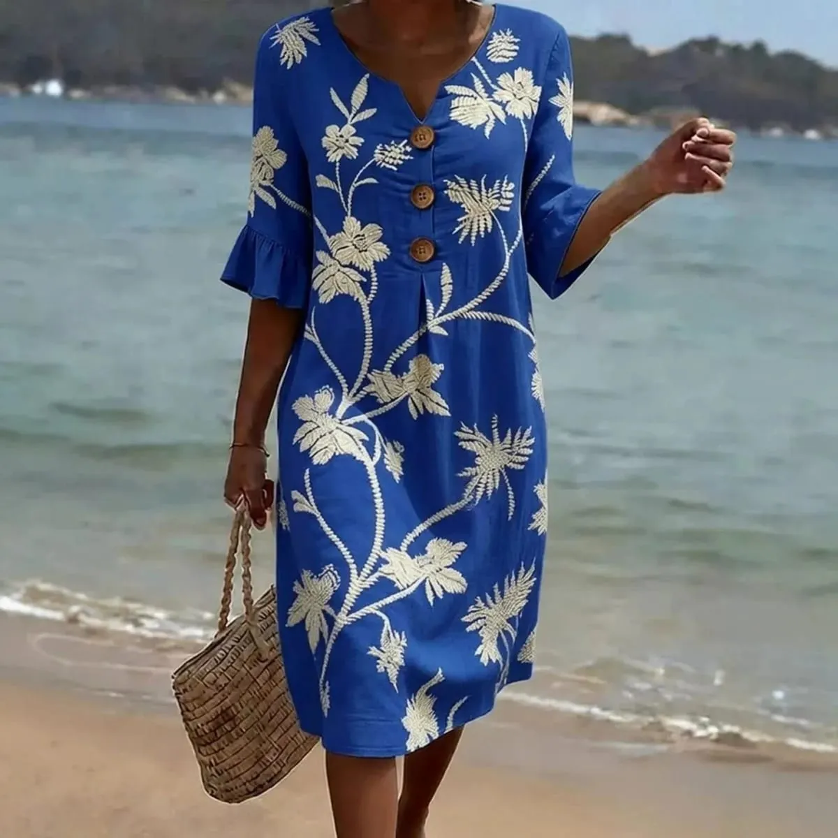 Summer Woman Dress V Neck Button Front Dresses Loose Fit Casual Dress Ruffle Sleeve Floral Dress Vine Pattern Women's Embroidery