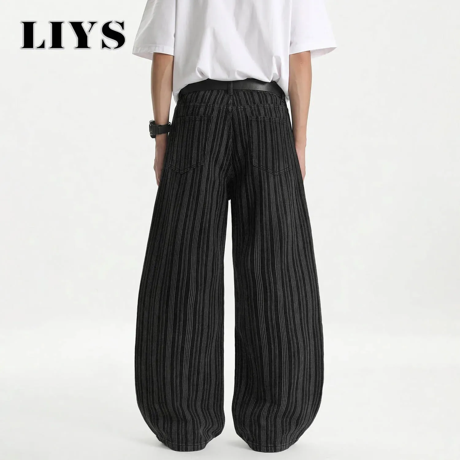 Men's Retro Vertical Stripe Jacquard Baggy Wide Leg Jeans Washed Denim Trousers Y2K Skater Hip Hop Streetwear Daily Casual