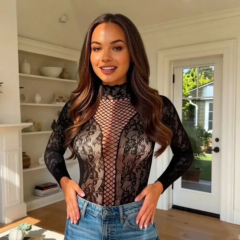 Women Summer Long Sleeve Bodysuit Cover Up Hollow Out Beachwear Without Underwear Sheer Mesh Fishnet Music festival Swimsuit