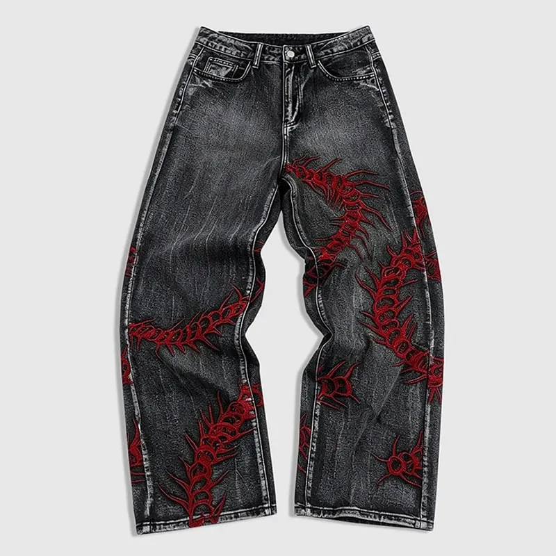 European and American style heavy industry thorn red embroidered jeans men's washed black personalized street trousers
