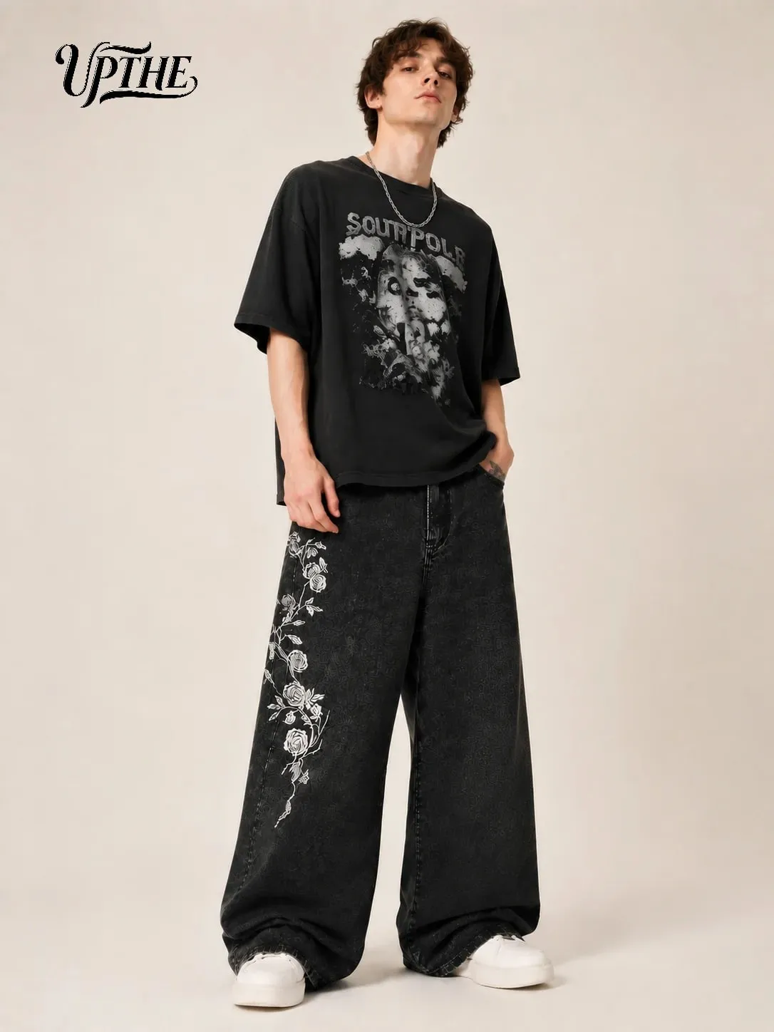UP.THE Men Vintage Washed Black Baggy Wide Leg Jeans Y2K Oversized Loose White Rose Vine Embroidery Denim Pants Gothic Grunge Streetwear Trousers for Daily Outfits