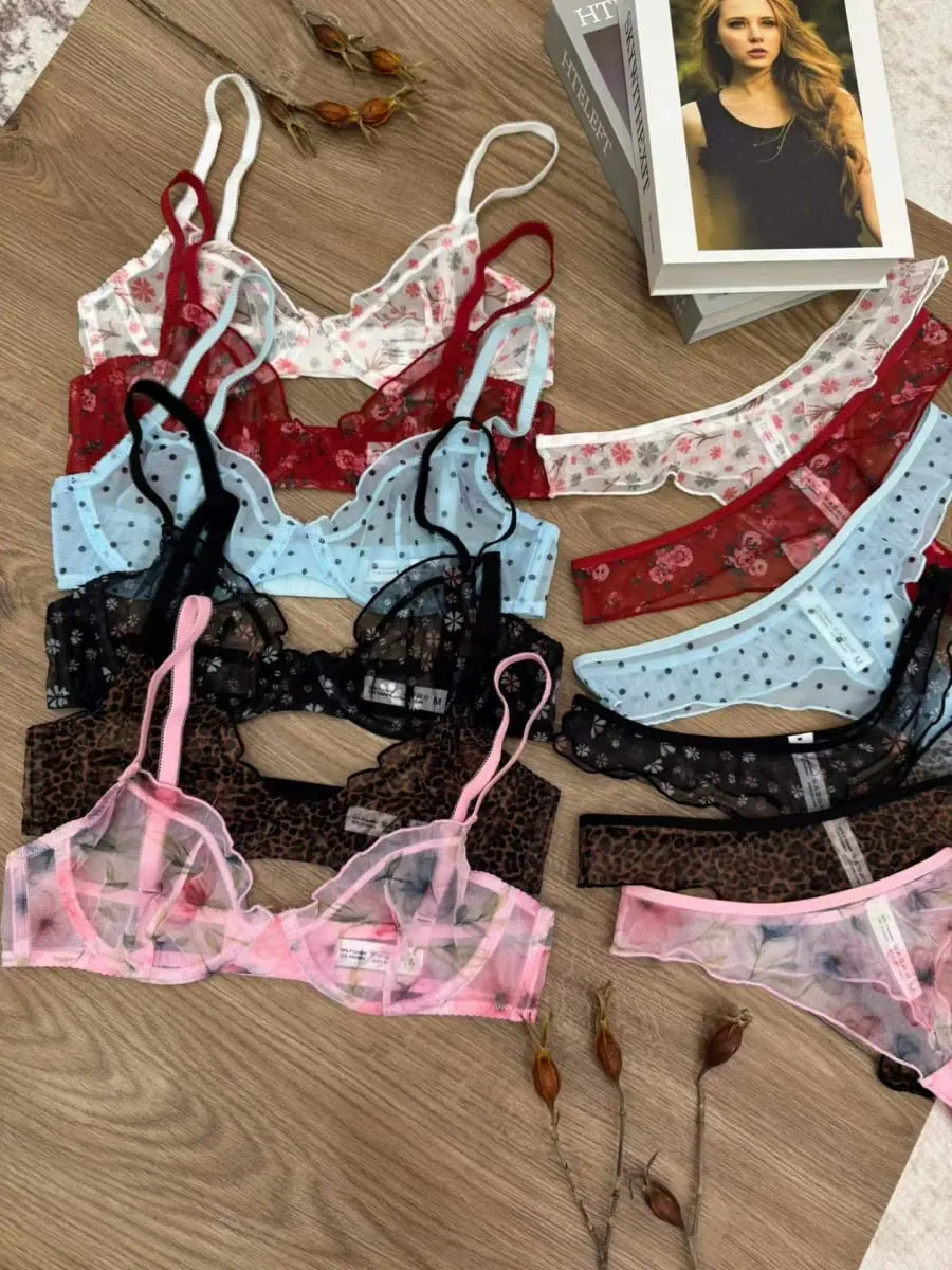Ultra-thin vintage floral lace underwear large size push up women bra with underpants suit gathering lingerie briefs sets