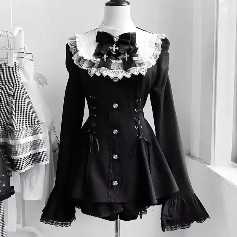 Sweet Lolita Style Lace Pearl Cute Print Shirt Dresses Japanese Kawaii Bow Dress Set Gothic Y2k Tea Party Women Dress 2025 New