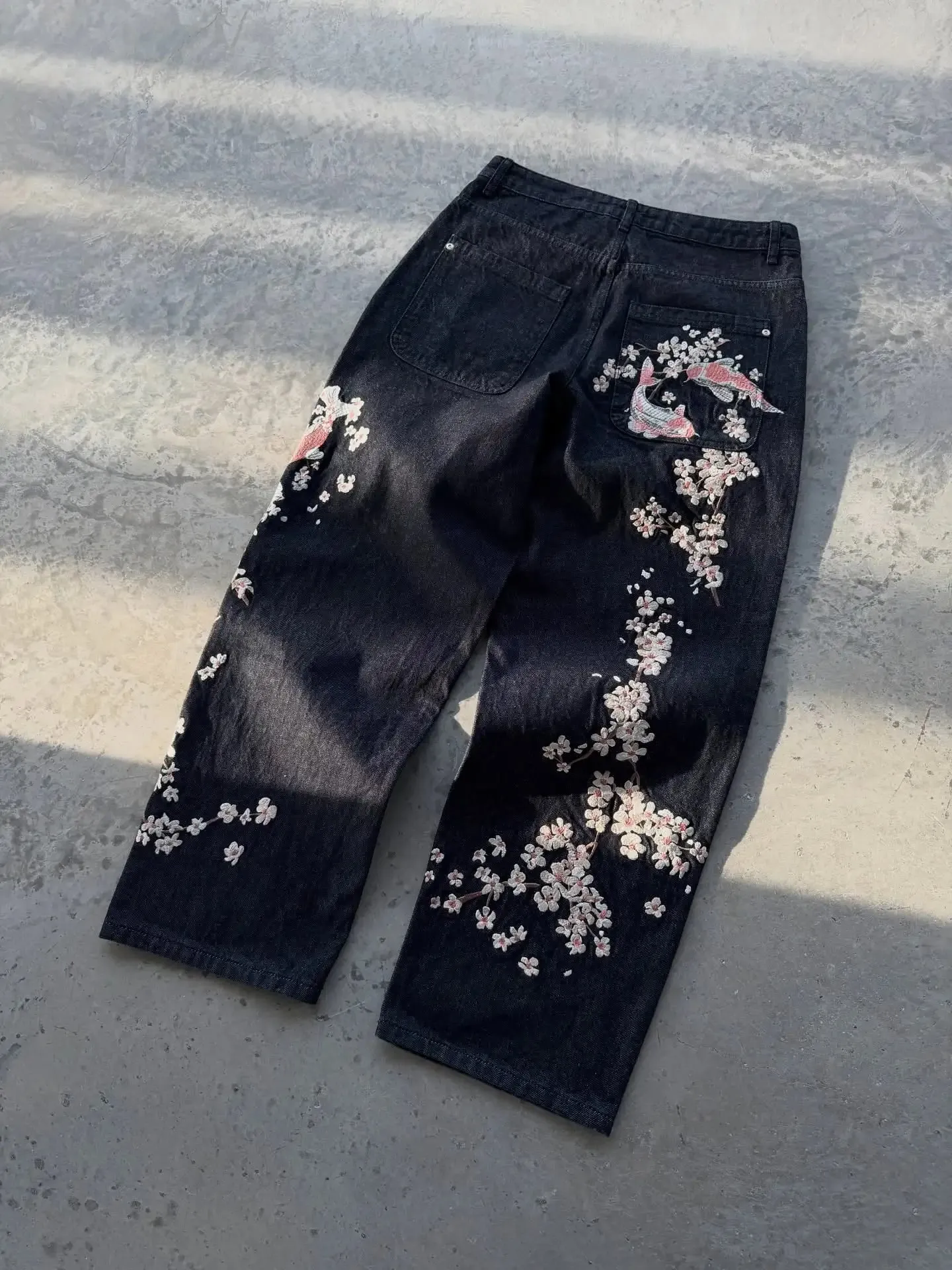 New Sakura Carp Embroidered Jeans Y2k Harajuku Retro Men and Women Loose Street Style Trousers Gothic Punk Casual Straight Jeans