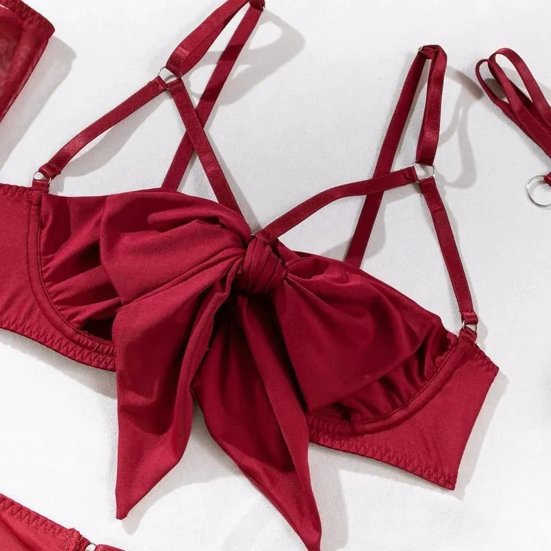 Women 4 Piece Sexy Lingerie Set Hollow Out Gathered Push Up Bra Bow Decor Waist Belt Black Matching Underwear Sleep Nightwear