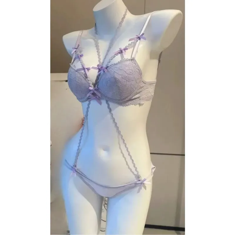 Purple Halter Bra Set Cross Strap Butterfly Detail Elegant Push Up Lingerie Kit For Women Soft Comfort Daily Wear