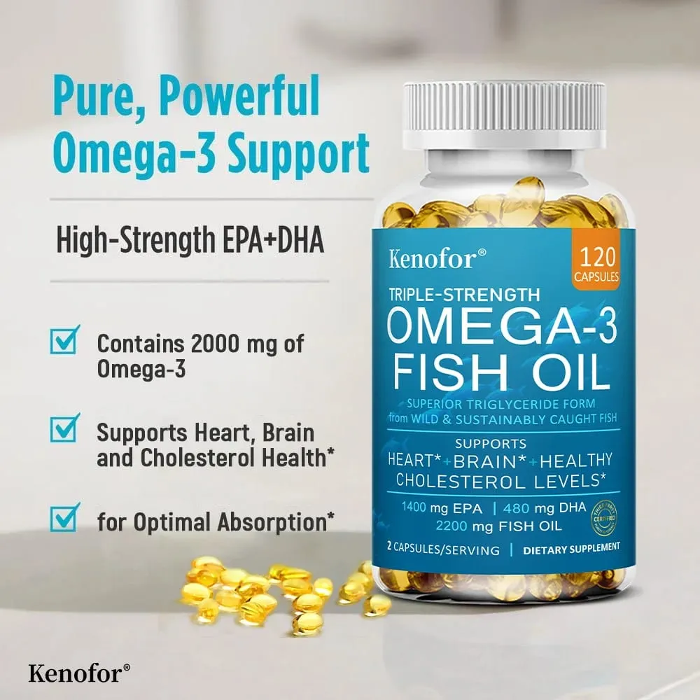 Kenofor Omega 3 fiskeoliekapsler med EPA & DHA hjælper hjerneudvikling og kardiovaskulær sundhed til øjen- og hudsundhed