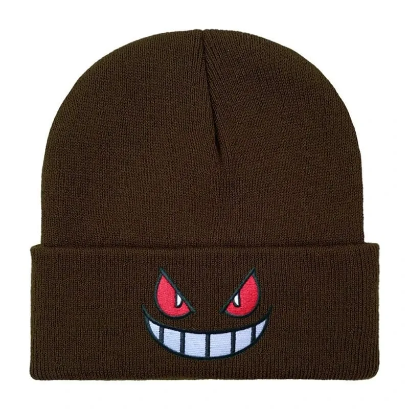 Pokemon Gengar Kartun Bordir Beanies Rajutan Skullies Musim Gugur Musim Dingin Topi Wol Hangat Gengar Wanita Pria Beanies