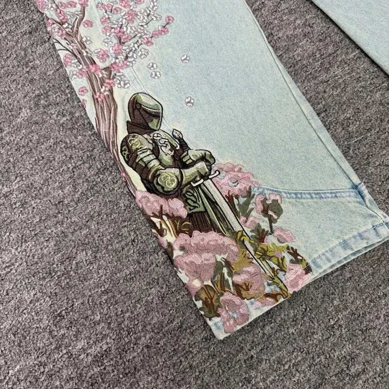 Blue Vescartes Cherry Blossom Knight Loose Straight Jeans High Quality Men Women Streetwear Fashion Denim Trousers Leather Label