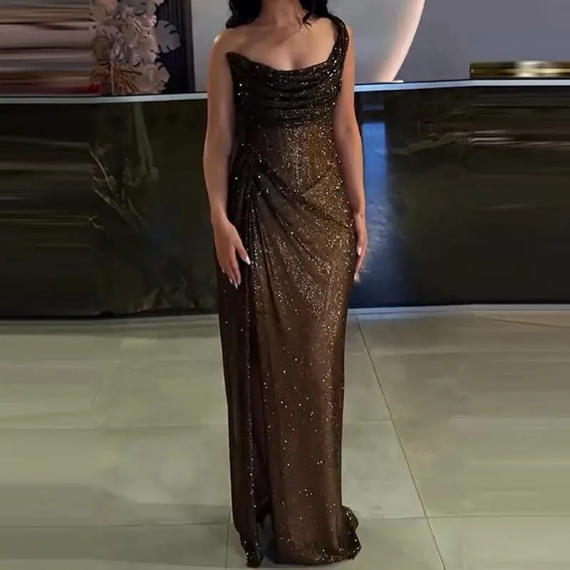 Sexy Elegant Full Length High Split Party Dress Chic Girdling Banquet Maxi Dress Luxury Women One Shoulder Glitter Slim Dress