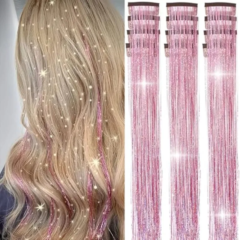 Red Hair Tinsel 12Pcs Clip in Hair Tinsel Kit 22Inch Tinsel Hair Extensions Christmas Hair Tinsel Party Festival Accessories