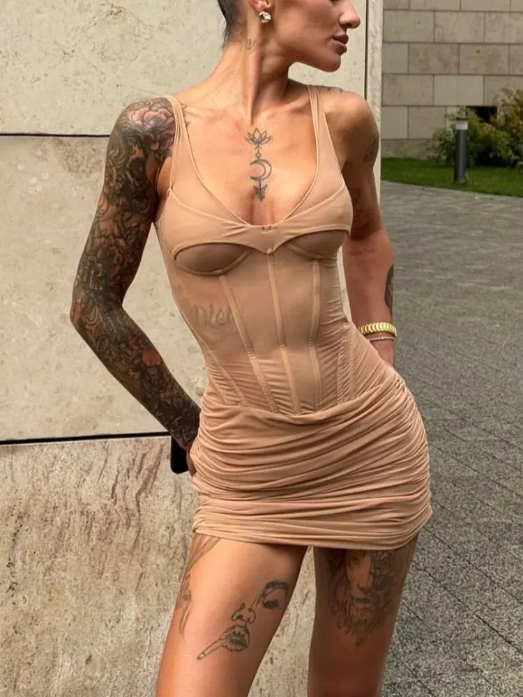 純色半透明緊身胸衣褶皺迷你連身裙女式性感骨腰收緊修身無袖連身裙夏季派對度假禮服