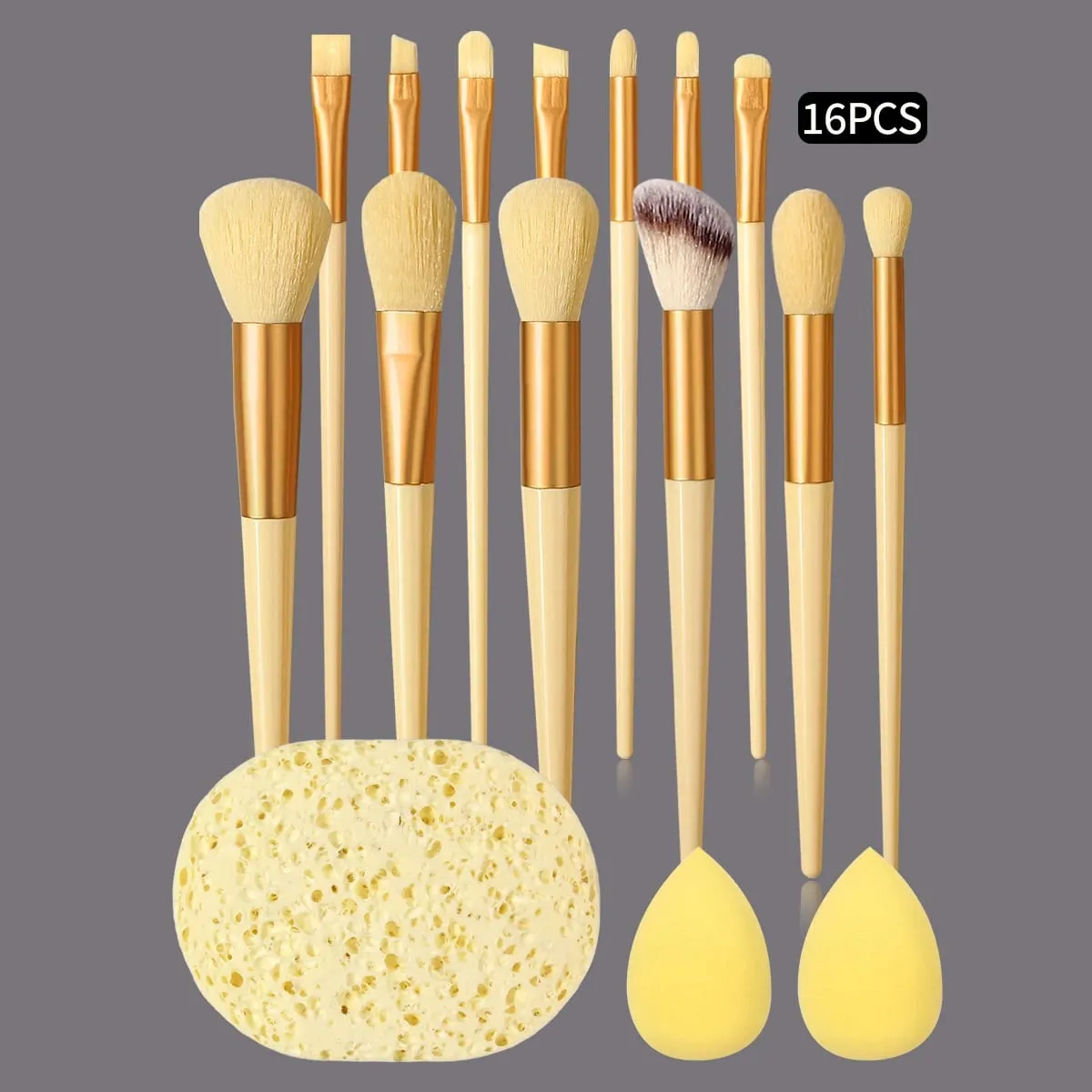 Hot Sale 16PCS Makeup Brush & Sponge Kit Cream Gold Brushes + Yellow Beauty Sponges + Cleansing Sponge for Daily Makeup & Skinc
