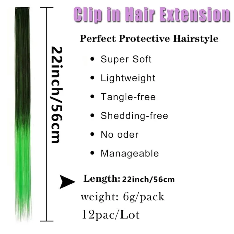 12pcs Colorful Bright Pink Hair Extensions Clip in Colored Party Highlights Extension Synthetic Hairpieces Straight for Women