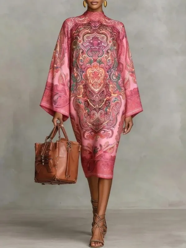 Women's Vintage Elegant Printed High Neck Kaftan Dress Long Sleeves Loose Elegant Evening Midi Dresses Robe 2026 New