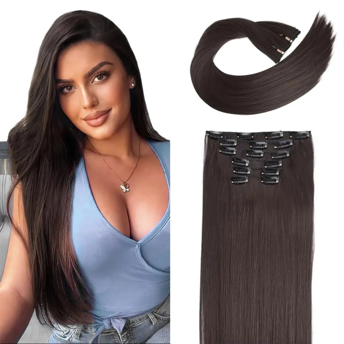 6Pcs Clip in Hair Extensions 24" Long Straight Heat Resistant Synthetic Clips on Hair Piece for Women Daily Wear