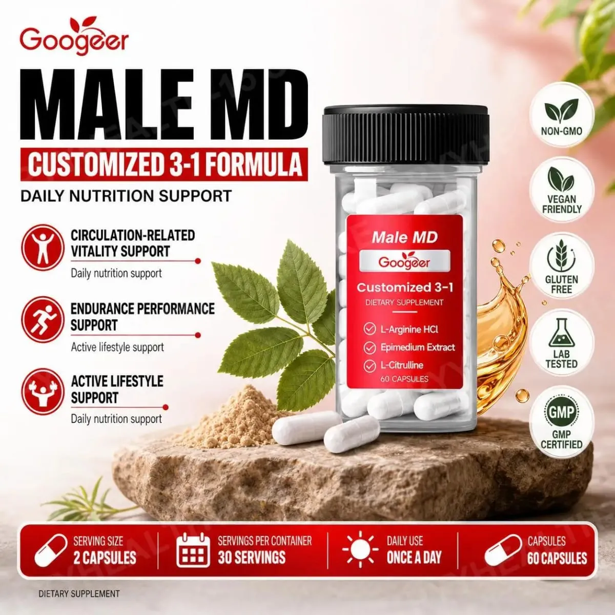 Googeer Male MD 3-1 Capsules with L-Arginine HCl and L-Citrulline Plus Epimedium Leaf Extract for Exercise Vitality 60 Capsules
