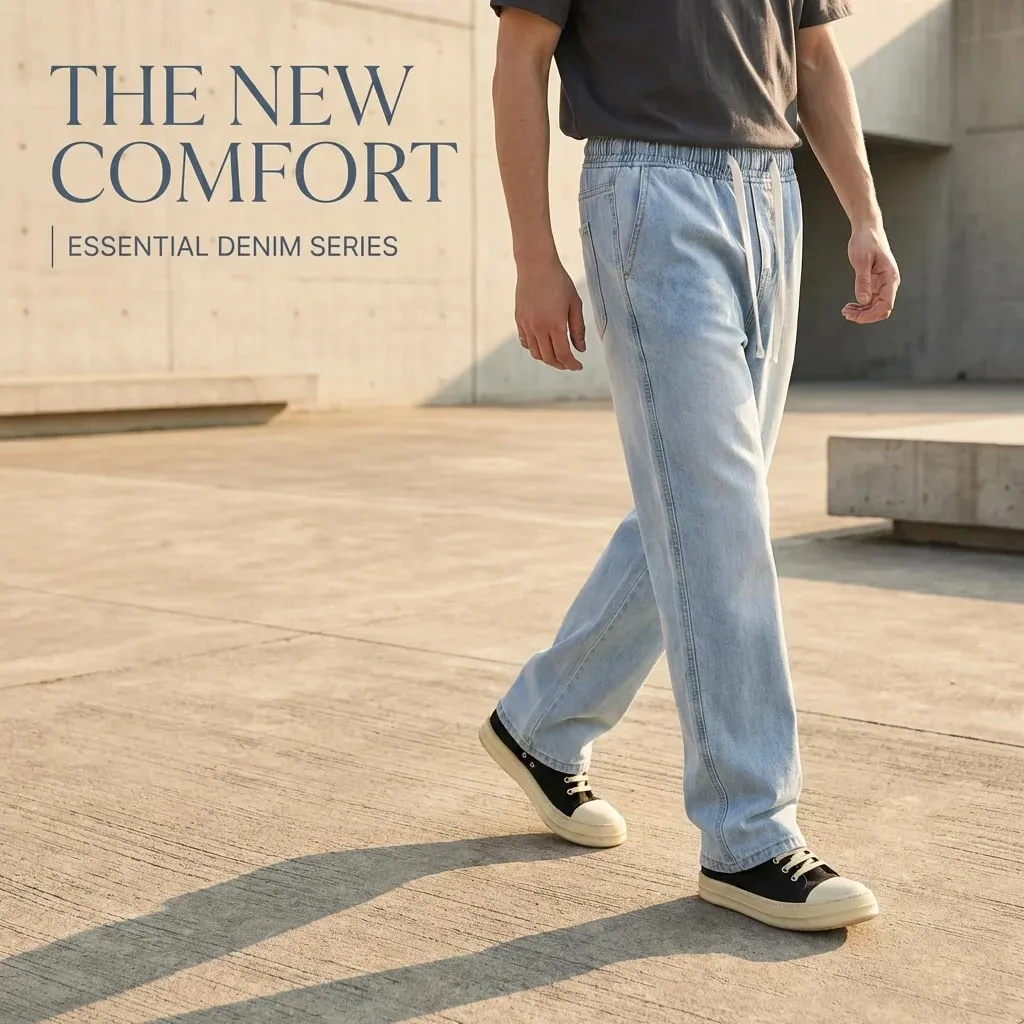 Men's Light Blue Elastic Waist Drawstring Loose Jeans Spring Summer Autumn Winter Versatile Comfortable Fit Casual Denim Pants