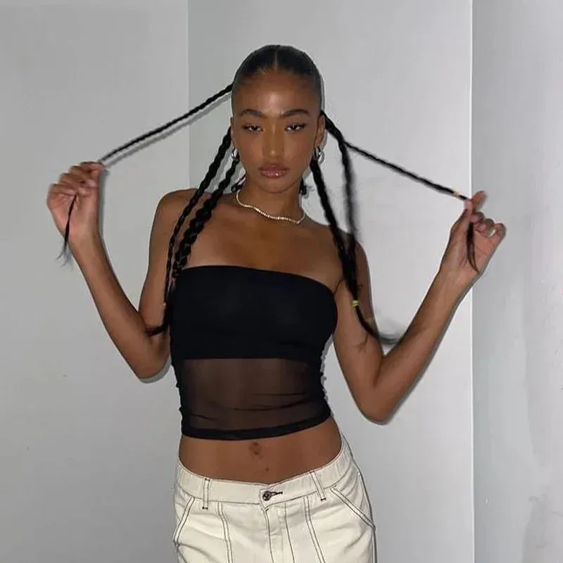 Mesh Corset Black Crop Top Women Patchwork Tube Top Sexy Sleeveless Off Shoulder Cami Summer Streetwear Slim Strapless Tank Tops