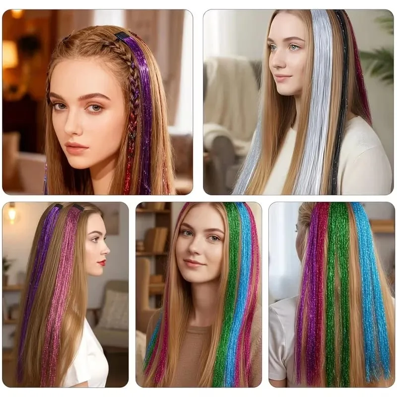 24Inch Synthetic Hair Tinsel Clip In Glitter Tinsel Hair Extensions Clip In Sparkle Hair Accessories para sa mga Babae na Babae