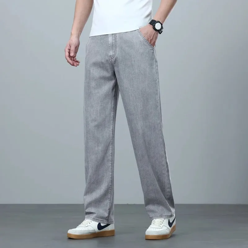 High Quality Spring Summer Lyocell Men's Jeans Loose Straight Wide Leg Casual With Slant Pockets Trousers Male Plus Size 40