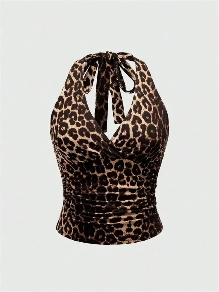 Solid V-hals Rygløs Halter Crop Top til Kvinder Sommer Sexet Y2K ærmeløs Ruched Top Streetwear