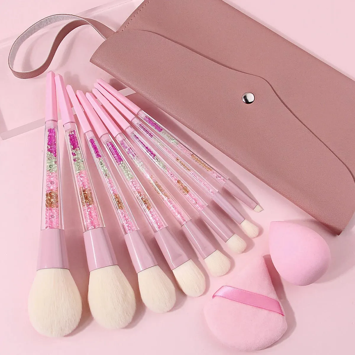 11PCS Pink Glitter Makeup Brush Set with Bag Crystal Handle Brushes Makeup Sponge Powder Puff Storage Bag Soft Hair Full Face