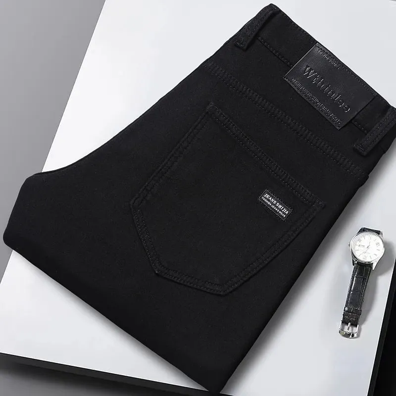Lelaki Hitam Musim Gugur Seluar Jeans Lurus Kasual Stretch Klasik Seluar Denim Fit Biasa Seluar Denim Selesa Lelaki