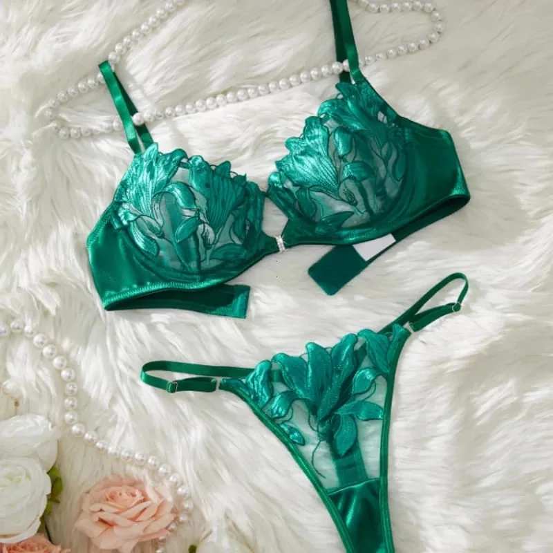 Mulheres transparente bralette underwire 2 peça sutiã e calcinha conjunto floral bordado lingerie sexy conjunto push up sutiã calcinha