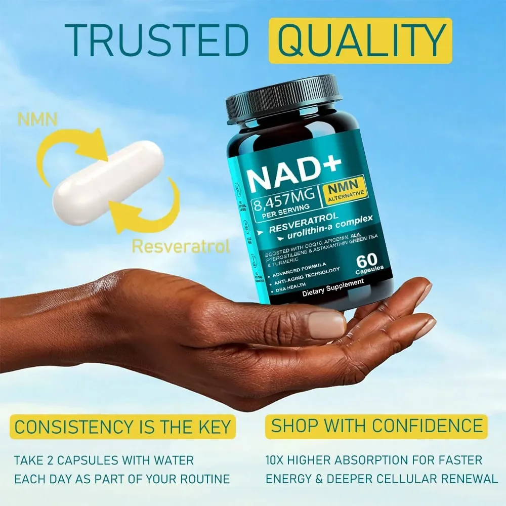 NAD Supplement 8457mg Plus for Energy Focus Skin & Anti-Aging Support - NMN Alternative Liposomal + Green Tea 60 Capsules