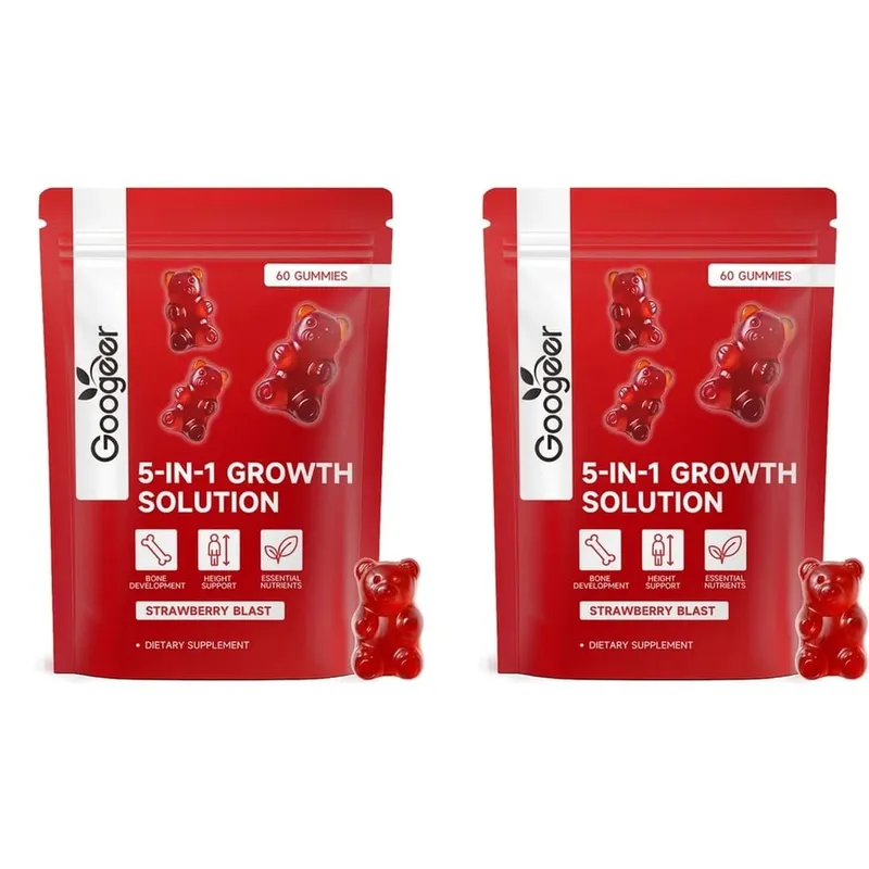 Googeer 5-IN-1 Growth Solution Gummies สำหรับการพัฒนากระดูกและส่วนสูงวิตามิน D3 K2 แคลเซียม Strawberry Blast 60 Gummies