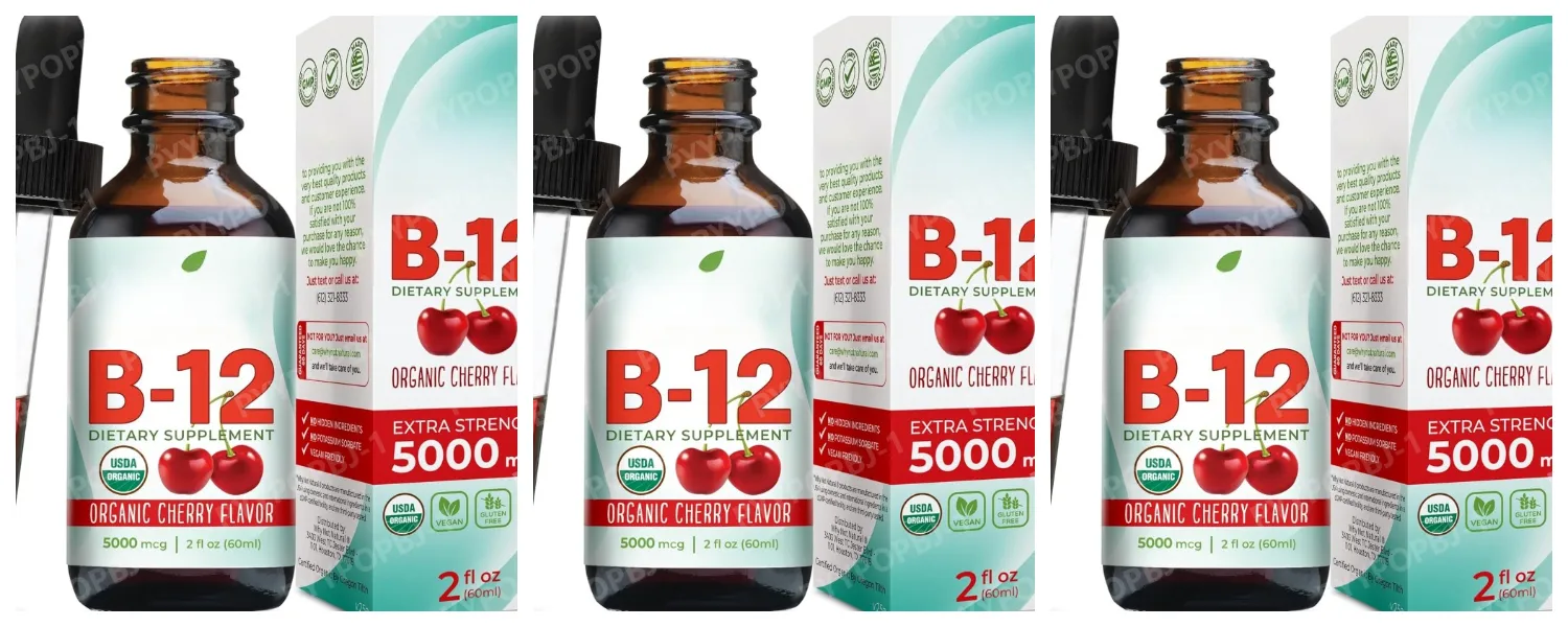 Vitamin B12 Drops 5000mcg Methylcobalamin Liquid Sublingual Supplement Cherry Flavor Vegan Sugar Free Daily Nutrition 60ml