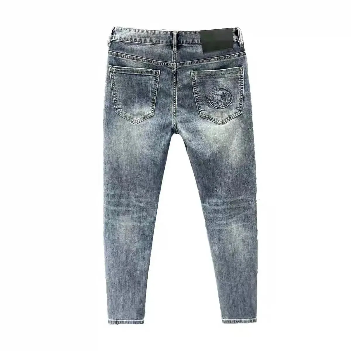 Korean Climate Lot Pants Light Luxury Trendy Brand Embossed Blue Jeans Men's Handsome Slim-fit Small Feet Elastic Trousers New