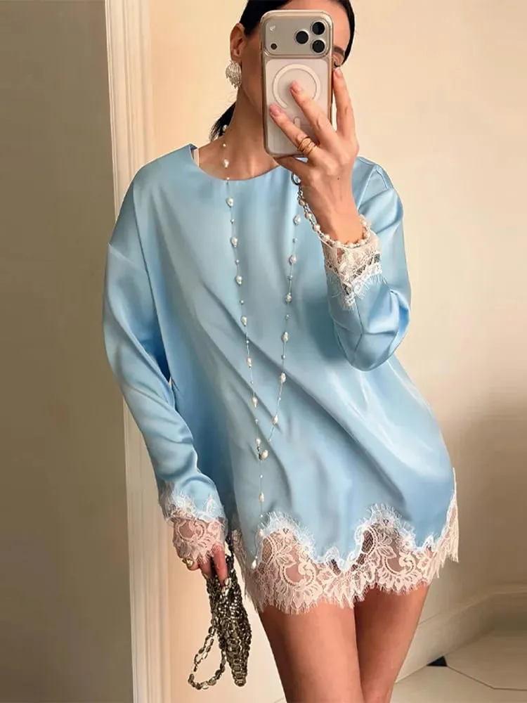 Casual Satin Lace Patchwork Dress Women Long Sleeve O-neck 2026 Spring Female Dresses Casual Solid Beach Robe not contain pearls