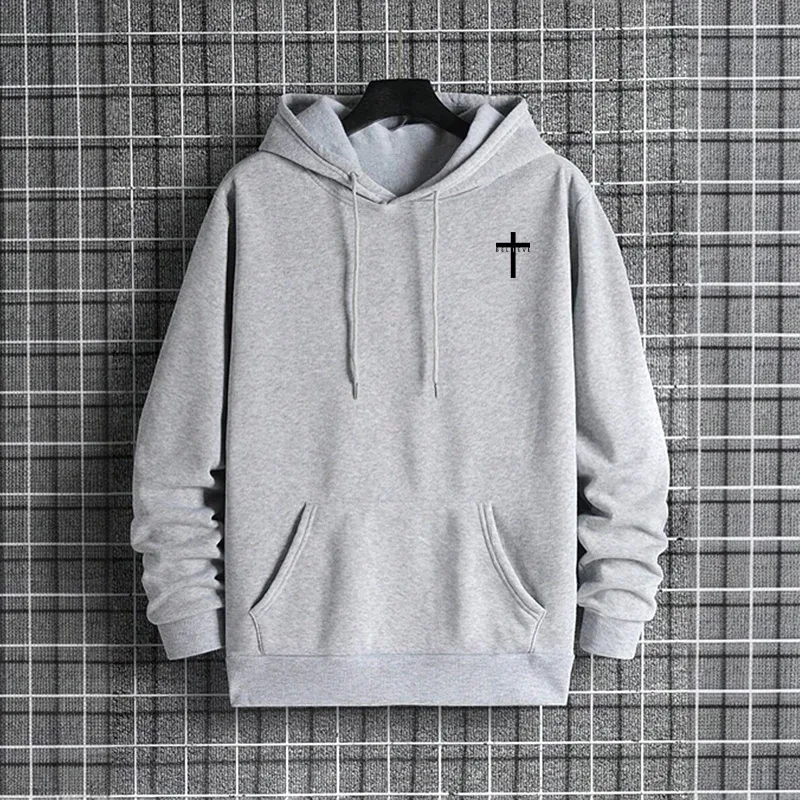 Mens Urban Hoodie 2025 High Quality Solid Color Long Sleeve Sweatshirt Casual Sporty Hooded Outerwear Jesus Cross Print Pullover