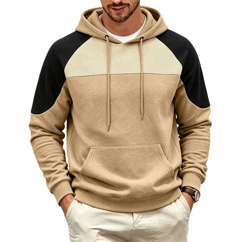 Men Patchwork Color Block Pullover Hoodie Drawstring Kangaroo Pocket Long Sleeve Loose Sweatshirt Autumn Winter Streetwear Tops