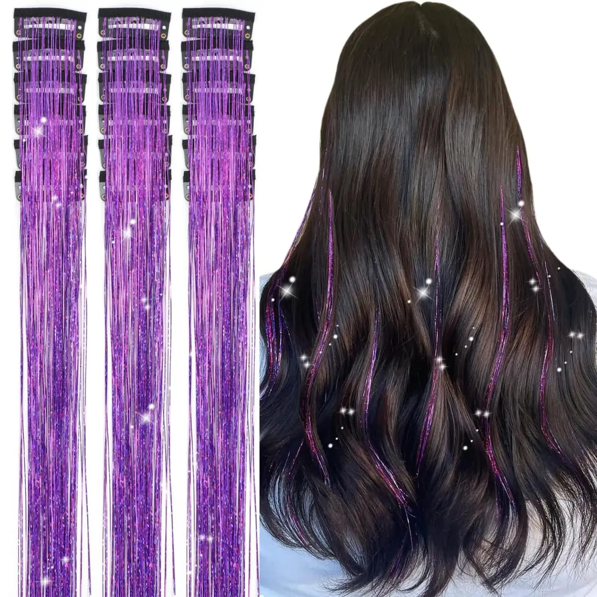 Sambungan Rambut Tinsel Berkilauan 20 Inci dengan Klip Dalam 6 Keping/Set Klip Sintetik dalam Aksesori Rambut Sparkle Fairy untuk Kanak-kanak Wanita