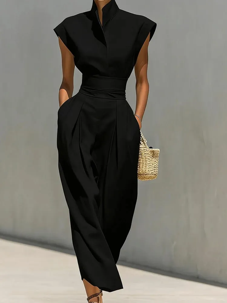 Summer New High Waist Pocket Dress Elegant Lady Slim Pleated Midi Dresses Fashion Solid Stand Collar Sleeveless Commuting Dress