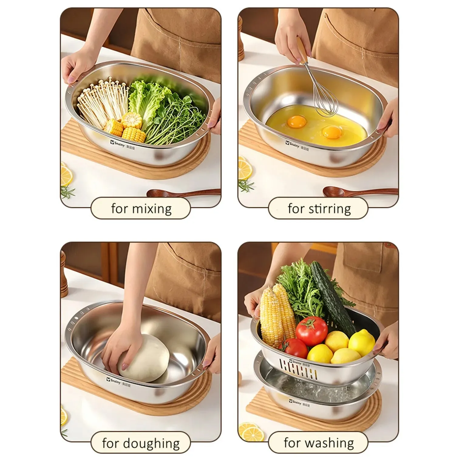 Ultrasonic Polishing Stainless Steel 2 in 1 Bowl and Colander Set Kitchen Fruit and Vegetable Efficient Washing Draing Gadgets