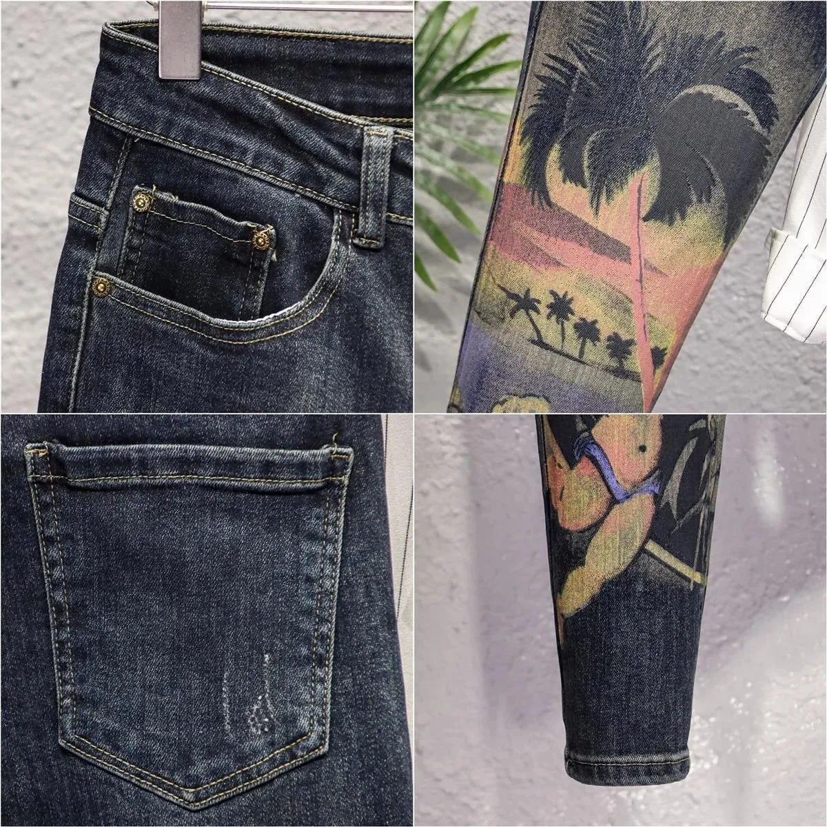 Spring and Autumn New Fashion Trend Printed Straight Leg Elastic Jeans For Men's Casual Retro Sports High-Quality Jeans 28-36
