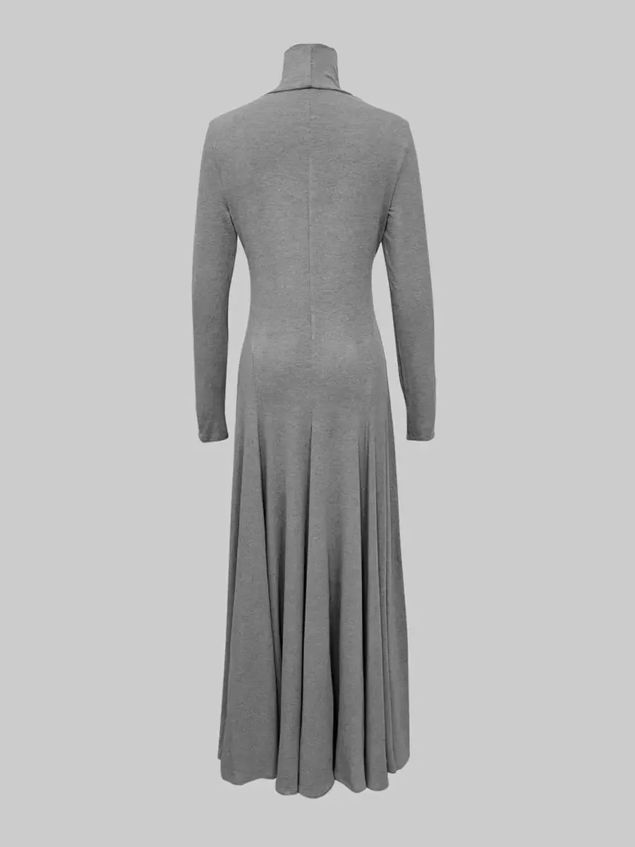 Freeacy Women's Grey Knit Maxi Dress Turtleneck Long Sleeve with Fitted Bodice and Flared Mermaid Skirt Elegant Party Dresses