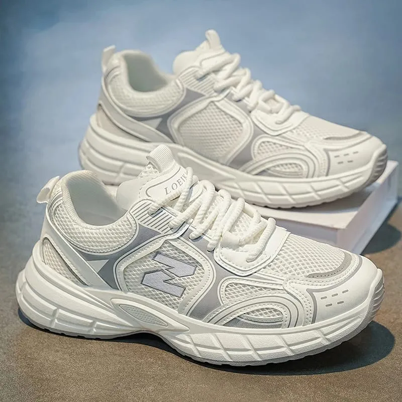 Men Breathable Mesh Dad Shoes Lightweight Casual Sneakers White Gray Daily Street Walking Footwear