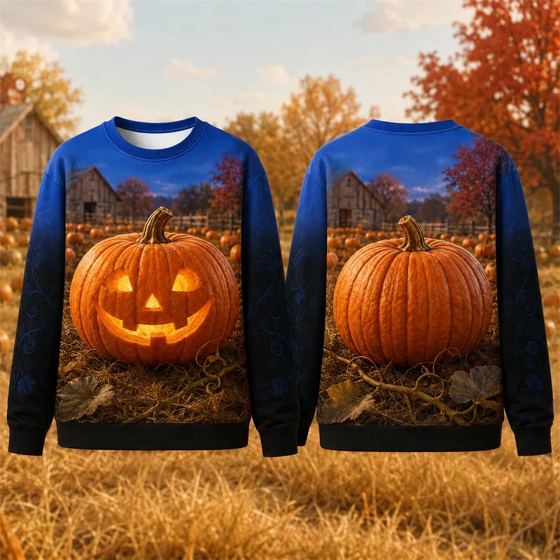 Autumn Winter Halloween Men Sweatshirt 3d Print Vintage Farm Pumpkin Lantern Pullover Sweatshirt Thanksgiving Party Unisex Top