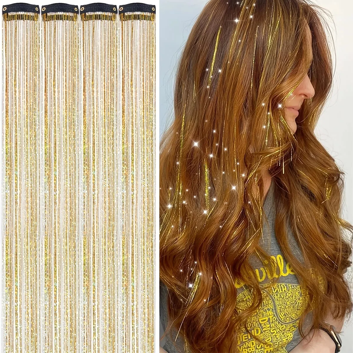 4pcs Clip-In Hair Tinsel Extensions Sparkly Holographic Glitter Hair Strands with Snap Clips Reusable Easy-To-Wear Hair