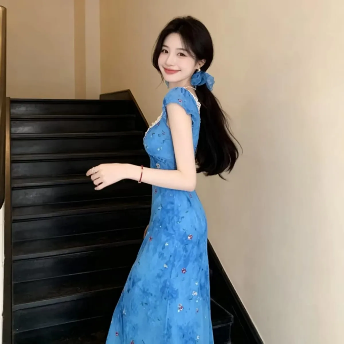 Elegant Blue Lace Splice Beach Vacation Style Tea Break Dress High Waist A-Line Skirt Short Sleeve V-Neck Commute Korean Style