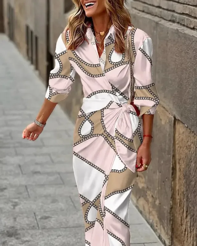 Women Floral Print Lapel Wrap Maxi Dress Three Quarter Sleeve Waist Tie Ruched Split Hem Shirt Dress