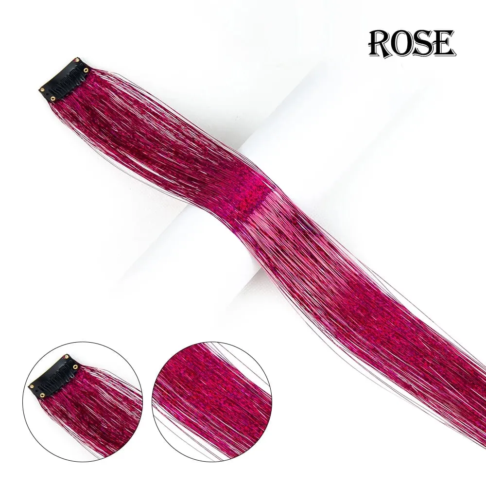 Straight Rainbow Colored Party Highlights Clip On In Hair Extensions Bling Hair Piece Synthetic Hairpieces Sparkling Tinsel Red