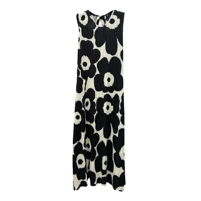 Miyake Pleated Sleeveless Dresses Plisse 2026 Summer New Loose Plus Size Fashion Casual Slimming Pleats Fold Printed Long Dress — image 5