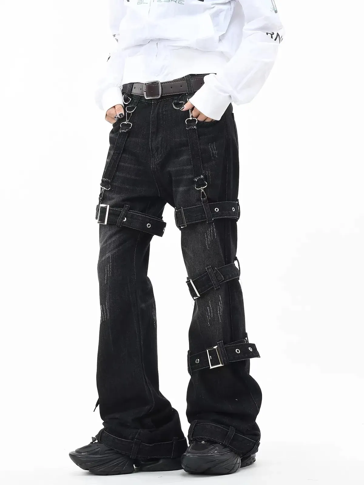 Gothic Punk Multi Buckle Strap Slim Fit Black Jeans Man Woman Ripped Vintage Techwear Bootcut Jeans