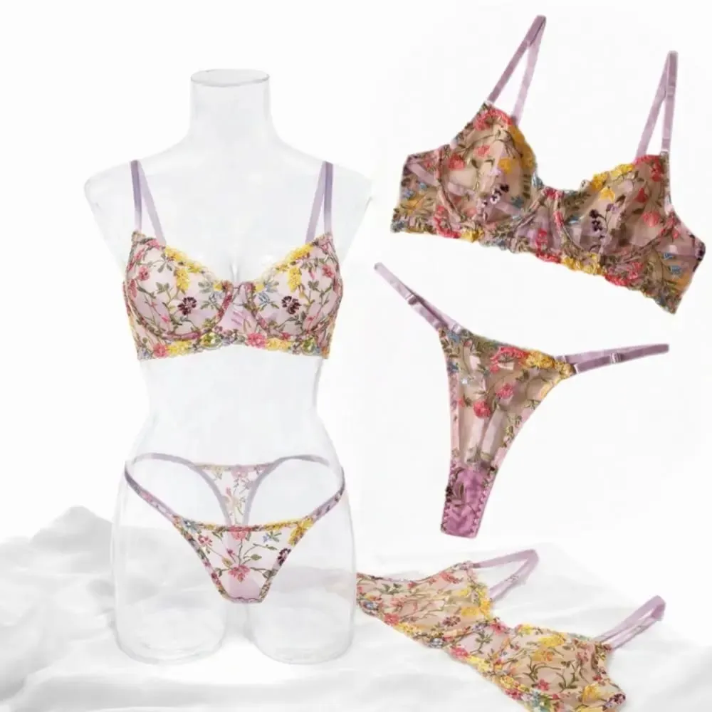 2-Piece Fashion Floral Lingerie Set Sheer Embroidery Underwear Intimates Versatile Underwire Push-up Bra Panty Set For Lady Girl